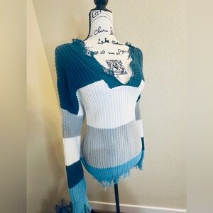 Distressed Oversized V-Neck Colorblock Striped Sweater • Grunge Aesthetic • L